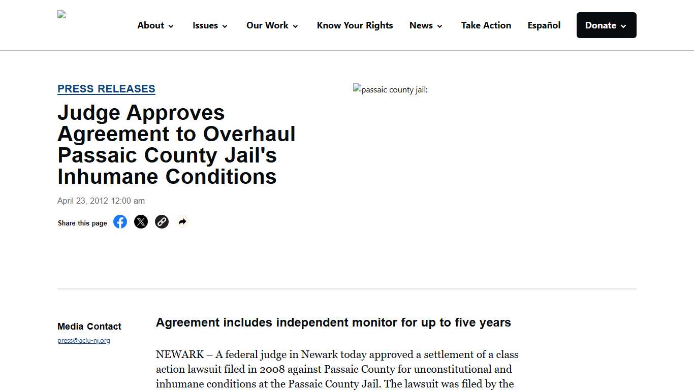 Judge Approves Agreement to Overhaul Passaic County Jail's Inhumane Conditions - ACLU of New Jersey